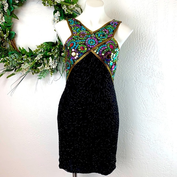 Vintage Dresses & Skirts - Vintage Silk Beaded Sequin Cocktail Party Dress